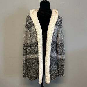 Women's Lety & Me Gray & White Striped Hooded long Cardigan size medium Sherpa
